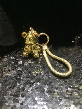 Cute Gold Teddy Bear Bag/Key Charm with Braided Strap